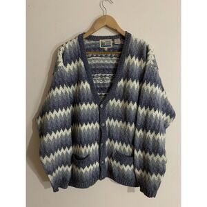 Vintage Cardigan Sweater Mens M Blue Wavy Striped Retro 80s 90s Cotton Blend